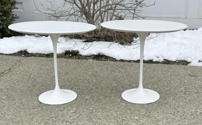 Pair contemporary Mid Century tulip base side tables, in very nice condition, bright white powder (1 of 4)