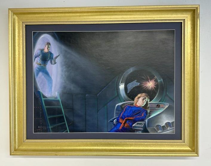 Kevin Eugene Johnson ( b 1954 ) original o/b Sci Fi illustration, in contmeporary gilt frame, (1 of 3)