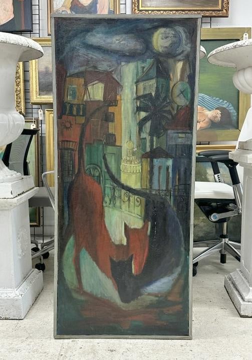 Wonderful impressionist o/c signed ( CARD ? Dated 1932 ), cityscape scene with (2) cats in (1 of 4)