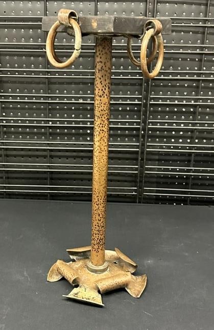 Marked ROYCROFT (?) Arts & Crafts hand hammered stand.: Marked ROYCROFT(?) Arts & Crafts hand hammered stand, has oak top, signed underneath as pictured. Measures 22" high, the top measures 6.75" x 6.75", from local estate in Hudson Valley. Not sure if it 