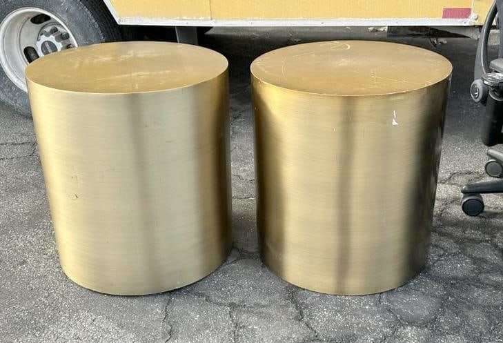 Pair Designer brass end tables, the tables measure 24" high x 22" across the tops. A few scuffs and (1 of 3)