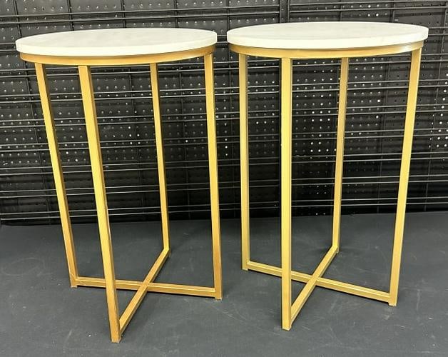 Pair decorative faux marble top end tables with gold medal legs, lightweight, measure 24.5" high x (1 of 3)