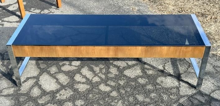 Mid Century chrome and walnut cofee table, with smoked glass top, super clean, structurally sound, (1 of 4)