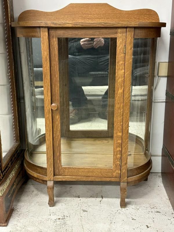 Diminutive childs curved glass oak china - display cabinet, structurally sound, with shelves. (1 of 1)