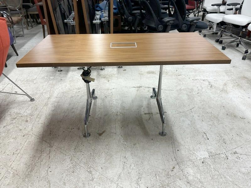 BERNHARDT Furniture Mid Century form training table with cutout door in center to give access to: BERNHARDT Furniture Mid Century form training table with cutout door in center to give access to outlets under the table, in very nice condition, has chrome bases in Knoll or Herman Miller style, waln