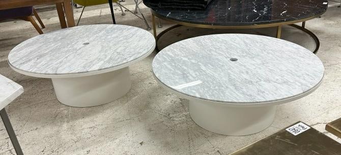 Pair of round coffee tables with hole in center ( for lamp ? ), round metal bases, they are in fine (1 of 6)
