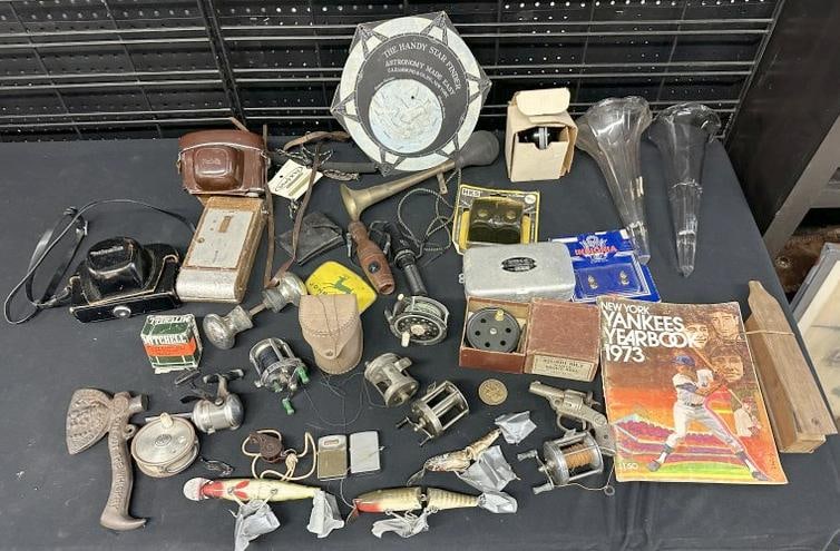 Big misc. estate lot to incl. fishing reels, (3) lures, 2 lighters, (2) 35 mm cameras, reproduction (1 of 12)