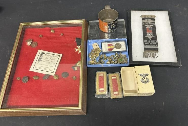 Misc. estate Military lot to incl buttons, GAR ribbon, GAR tin cup, pair shoulder straps in box, (1 of 11)