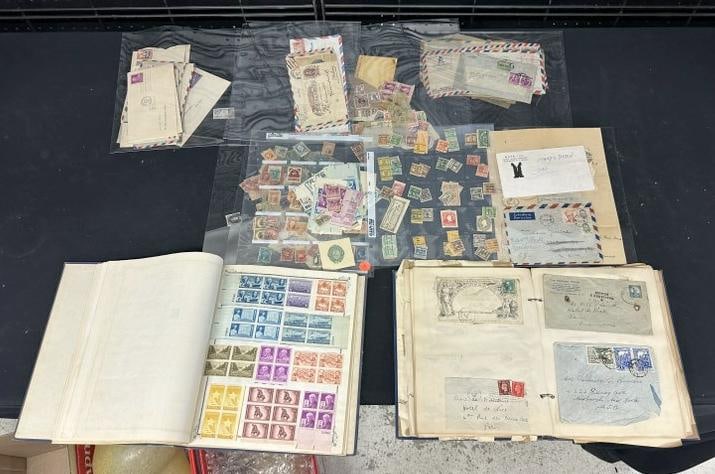 Older estate STAMP albums and loose stamps, envelopes with stamps, some blocks in albums attached,: Older estate STAMP albums and loose stamps, envelopes with stamps, some blocks in albums attached, etc. Mostly American and Peruvian….just as we found it, good lot for a dealer to sort out…