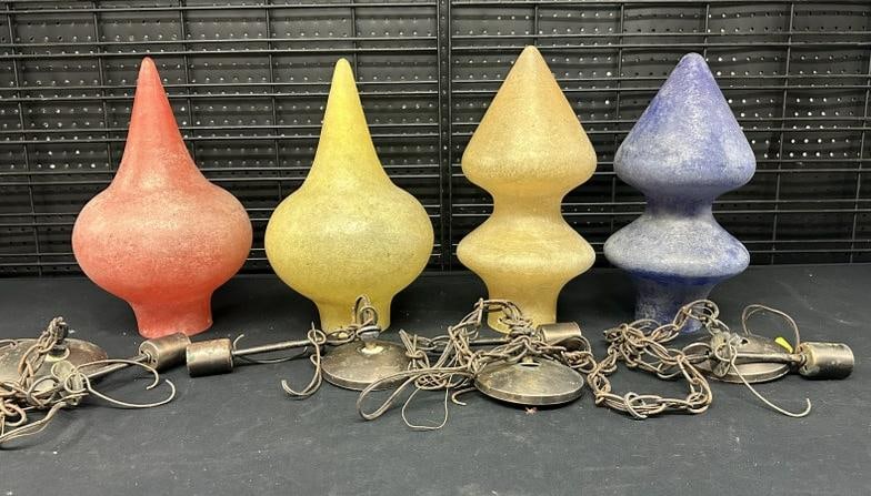 (4) MURANO scavo glass hanging light fixtures, (2) different forms, including gourd form. Found in (1 of 6)