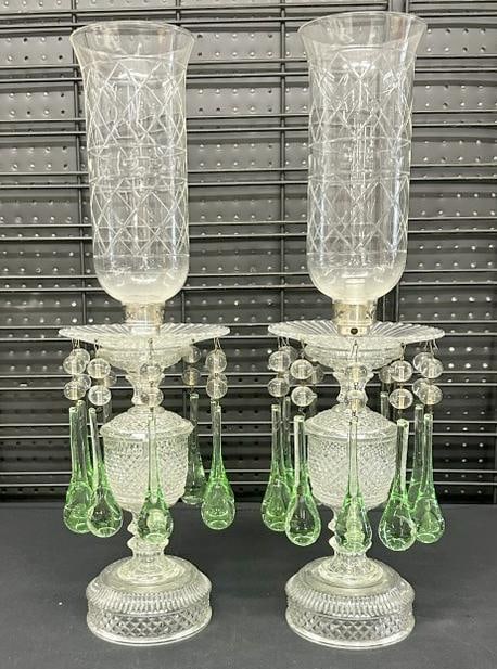 Fabulous pair circa 1920's crystal lusters with wonderful green tear drop prisms, all intact. The: Fabulous pair circa 1920's crystal lusters with wonderful green tear drop prisms, all intact. The cut shades are in nice condition, needs to be rewired, as cords have been cut. They measure 22.5" high