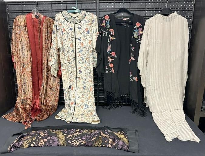 (4) estate ladies articles of clothing, including silk lined robe, Asian hand embroidered robe or (1 of 6)