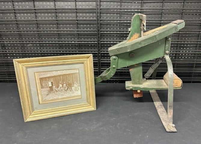 19th c lumber related machine and wonderful occupational photograph of the man using the machine,: 19th c lumber related machine and wonderful occupational photograph of the man using the machine, with piles of wood on side. In nice period lemon gilt frame, the machine measures 25" long x 22" high,