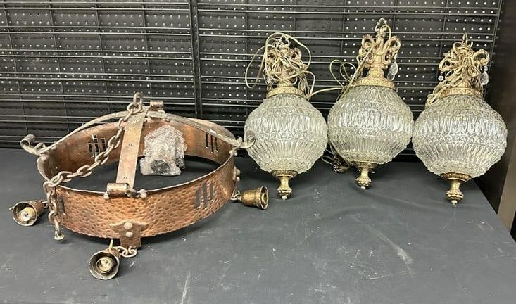 (4) pc. Lighting lot to include (3) matching glass hanging lights and arts & crafts chandelier made (1 of 2)