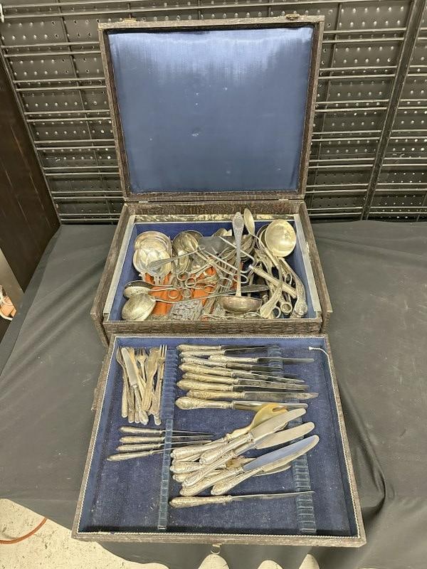 Large lot in box of silverplate including serving pieces and some ladles, the box is coming apart, (1 of 5)