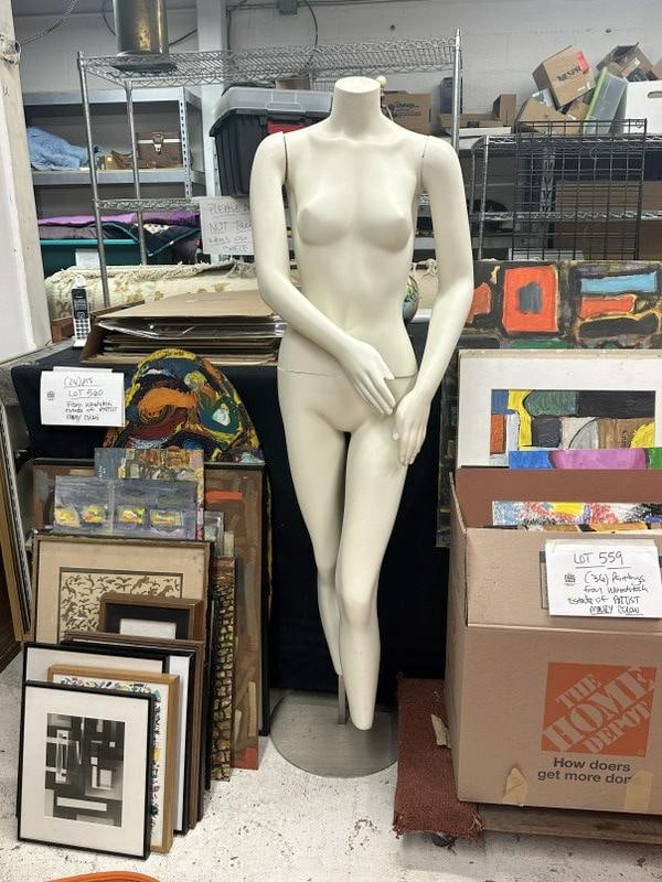 Vintage plastic female manequin on aluminum base, nice condition, in parts, measures 64" high.: Vintage plastic female manequin on aluminum base, nice condition, in parts, measures 64" high.