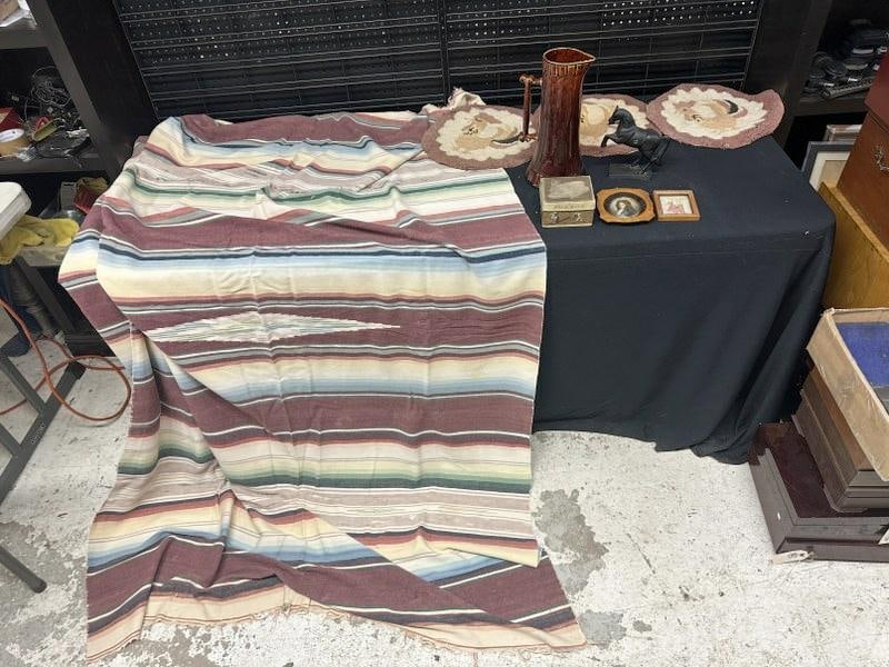 Misc. estate lot to include Indian or Mexican blanket with holes in it, (3) hand made chair seat (1 of 7)