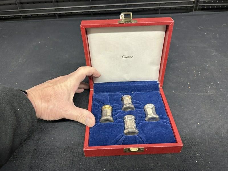 CARTIER (2) pair of sterling silver salt & pepper shakers, nice estate condition, in original box. (1 of 4)
