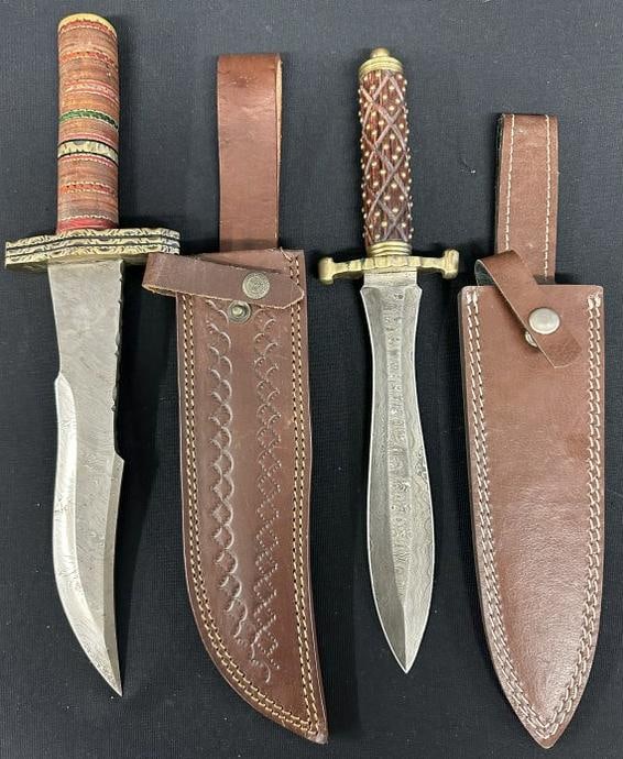 (2) larger fixed blade custom knives in leather sheaths, nice intricate work on handles, in very (1 of 3)