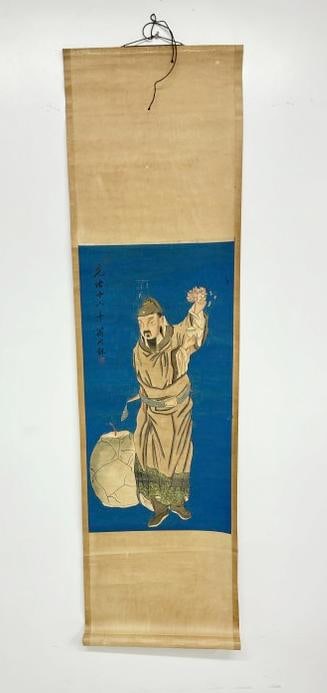 Chinese scroll painting with man holding flower, in the manner of WENG TONG HE, image measures 31.5" (1 of 3)