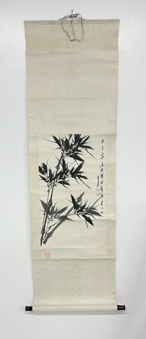 Chinese scroll painting by ( LI MEI CHAUN ) of leaves, painting measures 26.5" x 14", the scroll: Chinese scroll painting by ( LI MEI CHAUN ) of leaves, painting measures 26.5" x 14", the scroll measures 59" x 18". From one owner estate collection of Asian and related goods in Troy, New York, we a