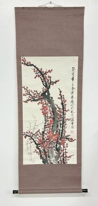Chinese hand painted scroll tree with red flowers, ( CHEN SHOU PENG ), painting measures 34" x (1 of 4)