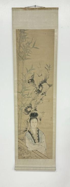 Chinese hand painted scroll Woman with plants, painting measures 50" x 14.5", the scroll measures (1 of 3)