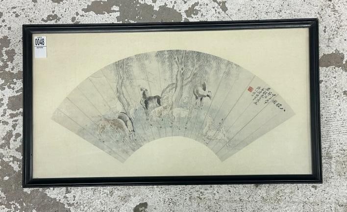 Chinese hand painted fan shape titled ( EIGHT HORSES ) by ( CHAN YU ), in very nice condition, image (1 of 4)
