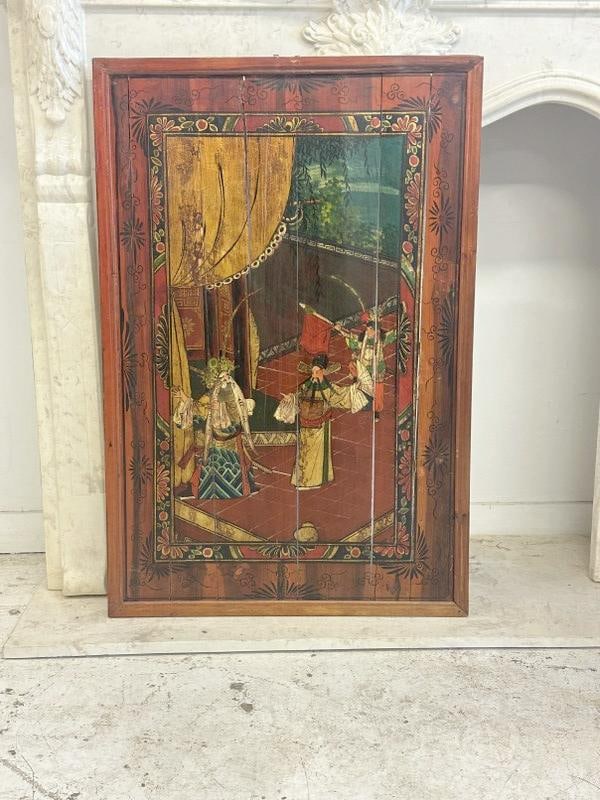 Chinese handpainted wood panel with ceremonial figures, age splits as pictured in wood panel, panel (1 of 3)