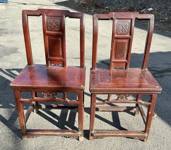 Pair Chinese carved chairs, in old finish, structurally sound, measure 36" high x 19.5" across the: Pair Chinese carved chairs, in old finish, structurally sound, measure 36" high x 19.5" across the seats. From one owner estate collection of Asian and related goods in Troy, New York, we are selling�