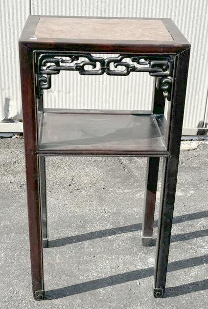 Chinese hardwood marble inset top stand with carved aprons, dark original finish, struturally sound, (1 of 5)