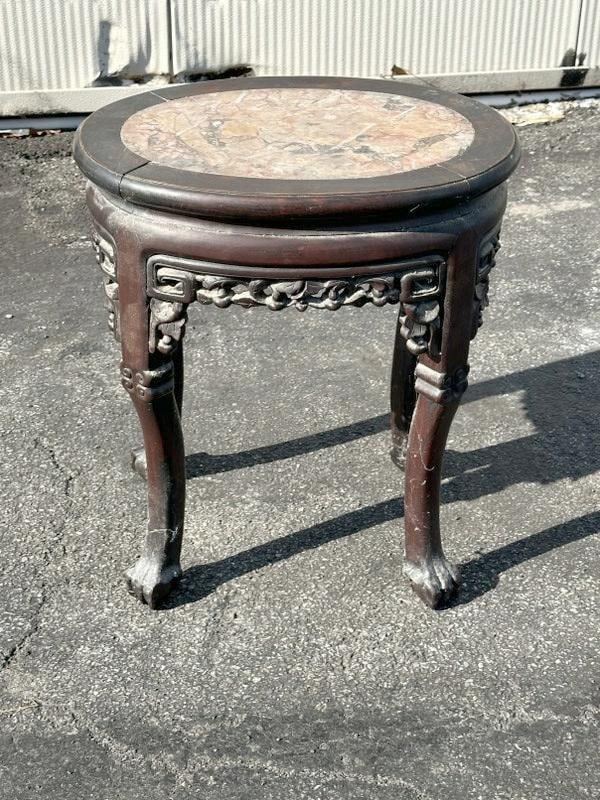 Small oval Chinese marble inset top stand, original finish, carved aprons, good condition, measures (1 of 4)