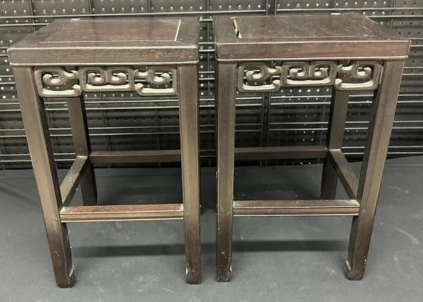Pair small Chinese hardwood stands, original finish, carved aprons, separation on one top, doesn't (1 of 4)