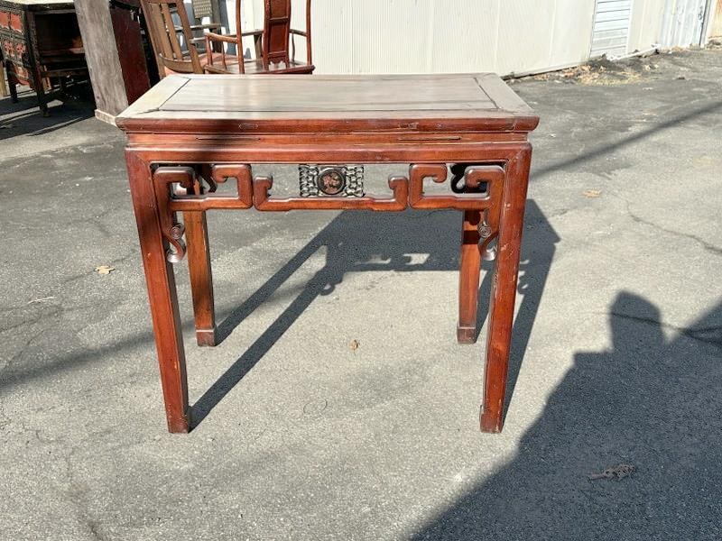 Chinese hardwood table with carved apron, structurally sound, nice original finish, measures 37.5" (1 of 4)
