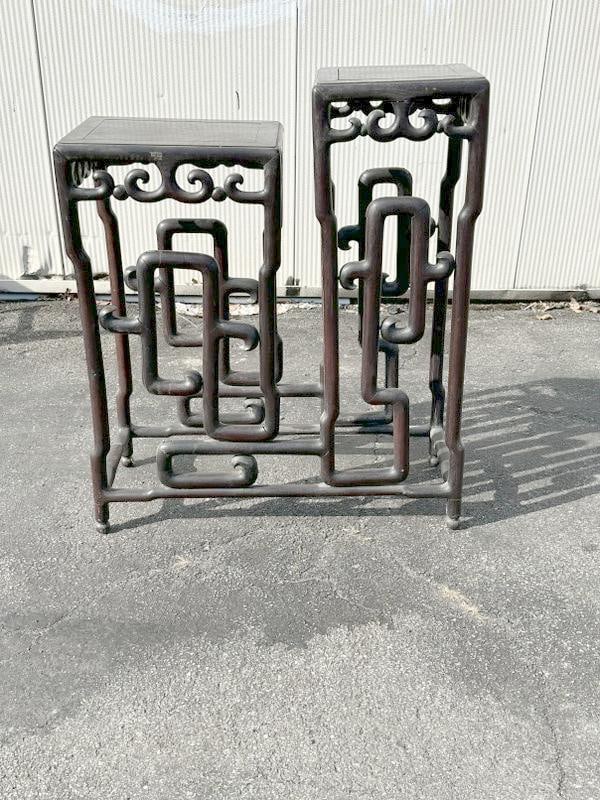 Unusual form Chinese hardwood double pedestal stand, with one shelf higher than the other, nice old (1 of 4)