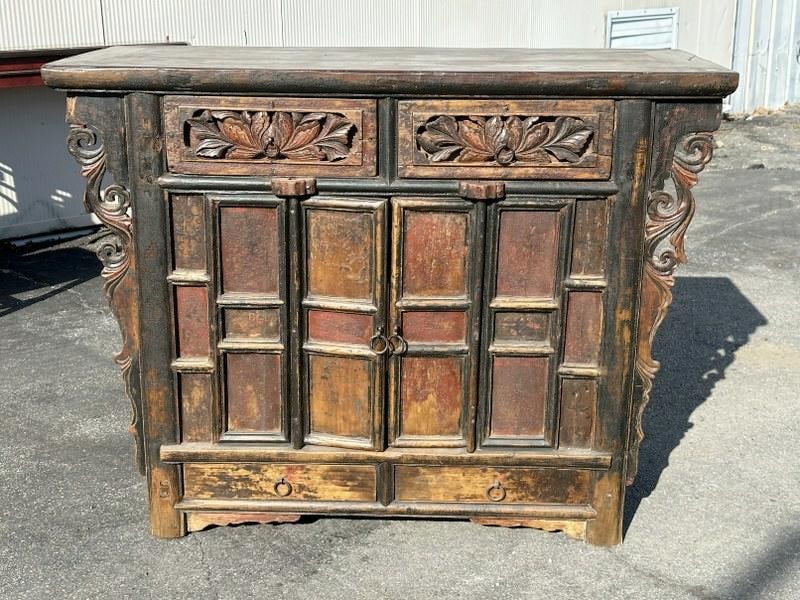Chinese decorative cabinet with (2) drawers over (2) doors, structurally sound, nice form. Measures (1 of 4)