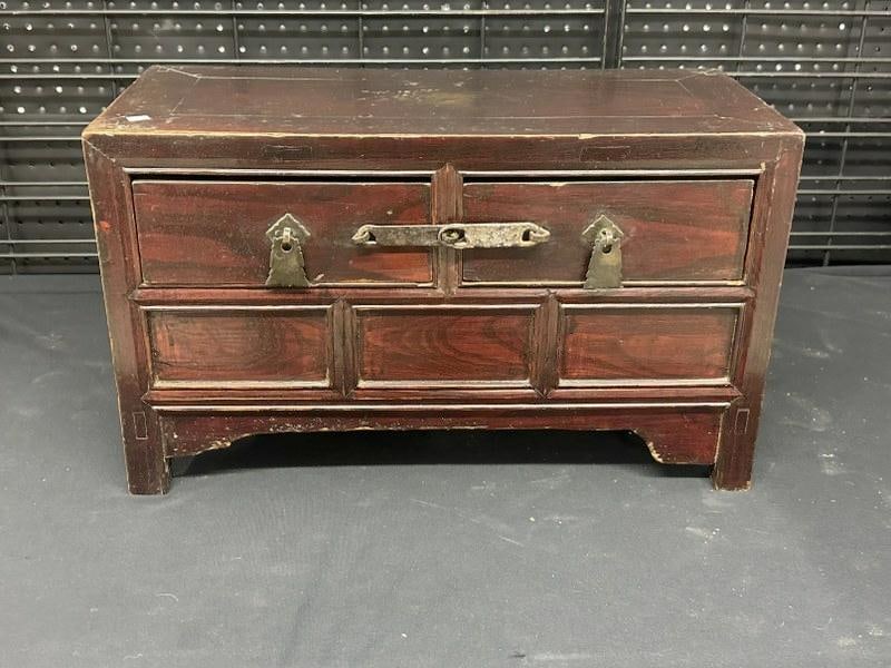 Chinese small (2) drawer hardwood cabinet, nice original dark finish and patina, measures 12.5" high (1 of 3)