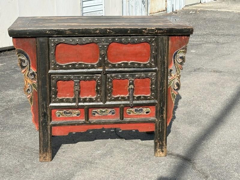 Chinese (3) drawer cabinet, old worn finish, retains much of original finish and paint, with wear (1 of 4)