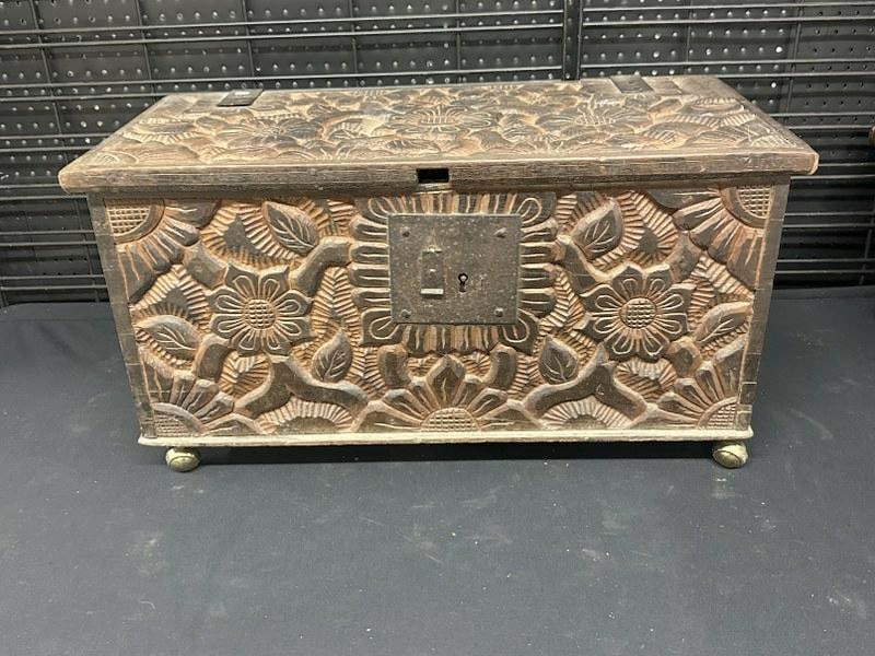Origin unknown, wonderfully carved lift top chest with till inside, ( later casters put on ),: Origin unknown, wonderfully carved lift top chest with till inside, ( later casters put on ), measures 26" wide x 13" deep x 12.5" high. Partial strap hinges and early lock plate...From one owner esta