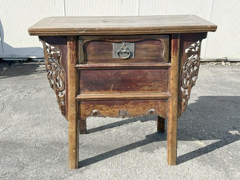Chinese one drawer hardwood table, structurally sound, nice patina with some wear, measures 35.5" (1 of 4)