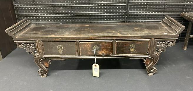 Chinese small (3) drawer carved stand, structurally sound, age wear to finish and patina, measures (1 of 4)