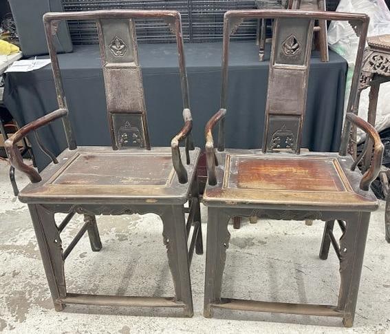 Chinese pair of hardwood armchairs , worn finish, ( 1 back has crack and needs to be glued and piece (1 of 3)