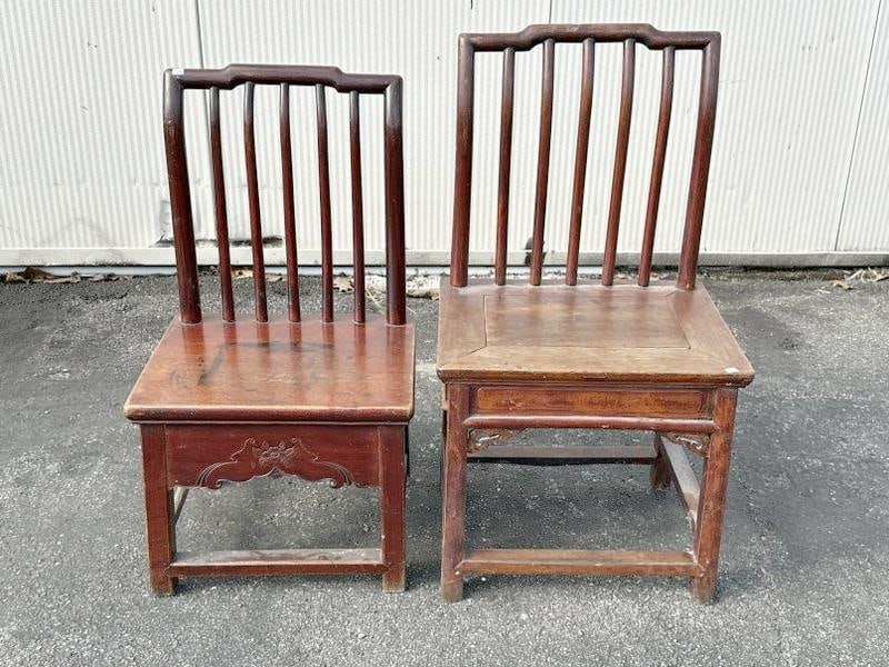 (2) Chinese chairs with (1) drawer on the side, possibly childrens (?), structurally sound, they: (2) Chinese chairs with (1) drawer on the side, possibly childrens (?), structurally sound, they measure 29.5" and 32" high. Carvings on the fronts as pictured. From one owner estate collection of Asi