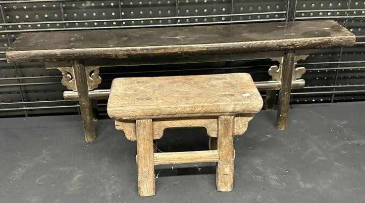 (2) Chinese benches, both structurally sound, they measure 12" long x 6" deep x 8.5" high and 32": (2) Chinese benches, both structurally sound, they measure 12" long x 6" deep x 8.5" high and 32" long x 5.5" deep x 10" high. From one owner estate collection of Asian and related goods in Troy, New 