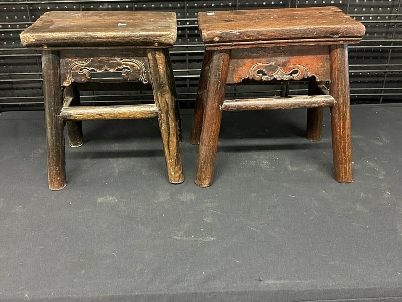 (2) Chinese carved stools, nice old finish and patina, structurally sound, they measure 13.75" high (1 of 4)