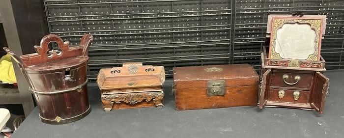 (4) pc. Chinese lot including small lift top box, lift top box, bucket, and vanity box with lift up (1 of 7)