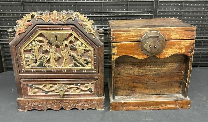 (2) table top Chinese cabinets, one with fancy carved front, drop down lid with (3) drawers inside (1 of 10)