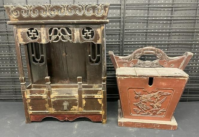 (2) Chinese pc. lot to include a carved box ( some loose pieces ) and a (1) drawer display cabinet (1 of 4)