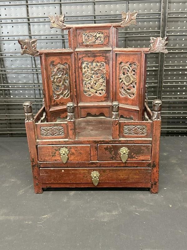 Asian carved table top display stand-cabinet with (3) drawers, and nicely carved (3) panels on back, (1 of 3)