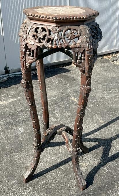 Chinese carved marble top stand, marble in nice condition, some wear to finish, measures 36" high x (1 of 2)
